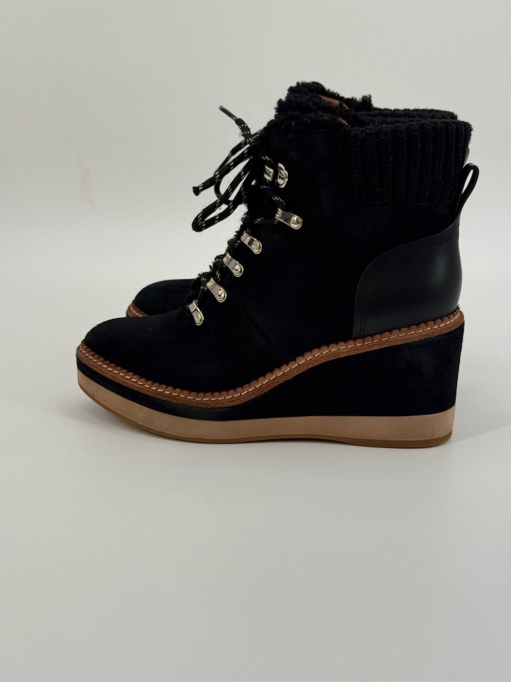 Kate Spade Willow Wedge Lace Up Knit Collar Suede Platform Booties SZ 7.5B - Picture 11 of 16